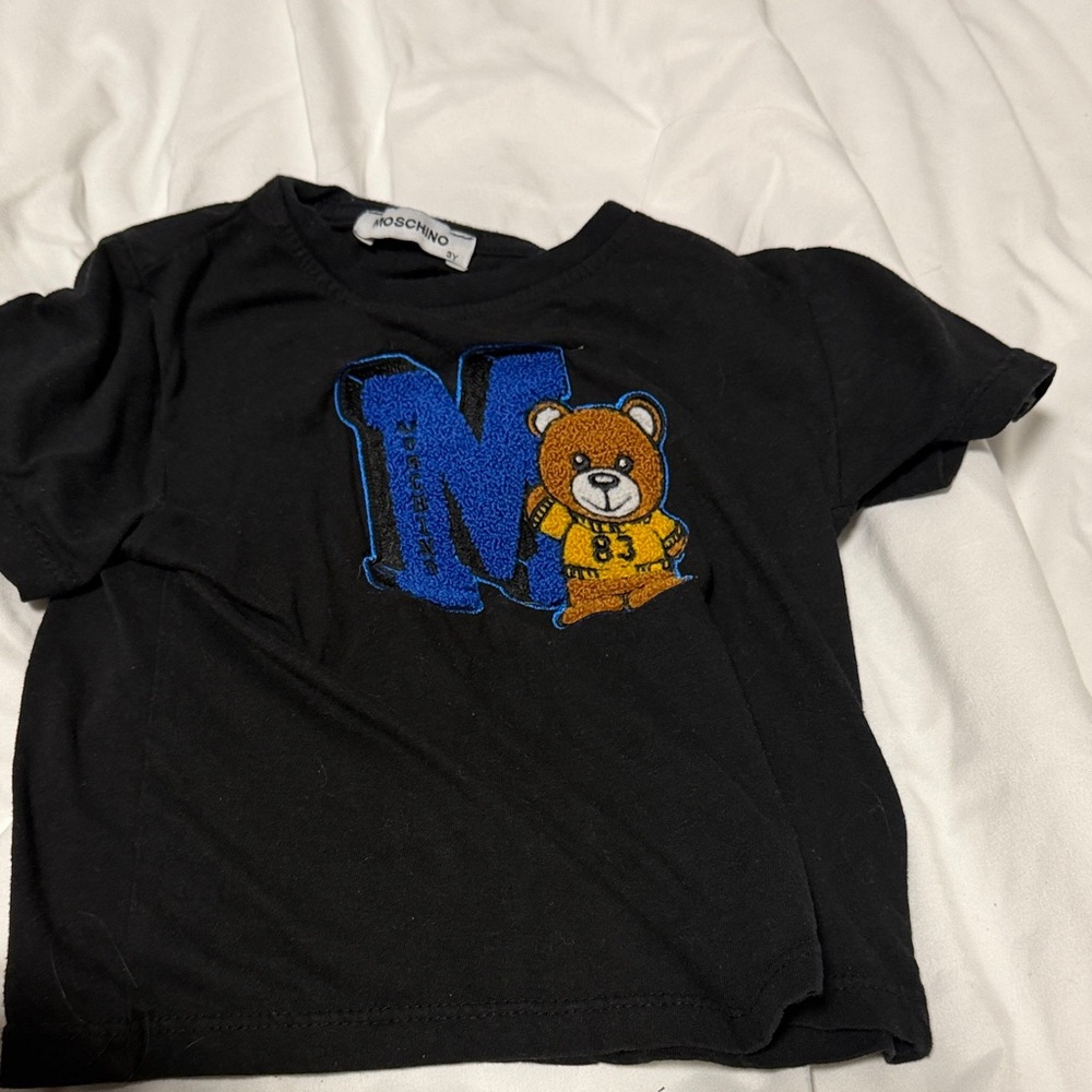 Moschino Kids Black Tee with Blue Bear Design